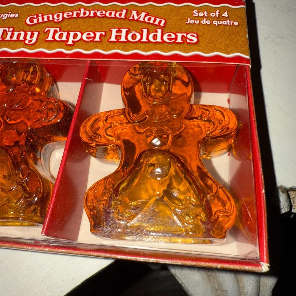 Williams-Sonoma GINGERBREAD MAN Tiny Taper Amber Glass Candleholder set of 4 NIB